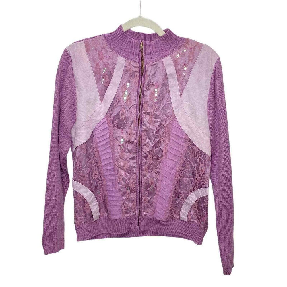 Women’s Lavender Zip-Up Lace Accent Sweater Jacket